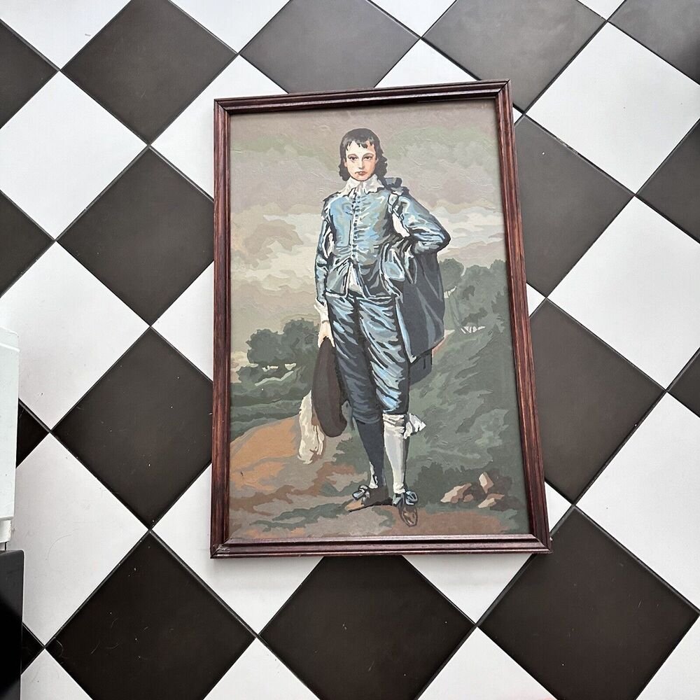 Vintage XL Paint by Numbers Blue Boy 29.5” X 19.5” Framed MCM Wall Art Kitsch - Picture 2 of 8